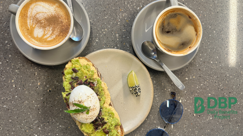 Avocado toast and coffee on a breakfast table