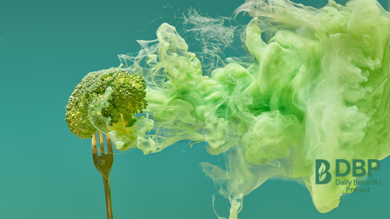 Artistic Broccoli with Green Smoke Broccoli floret on a fork with swirling green smoke behind it