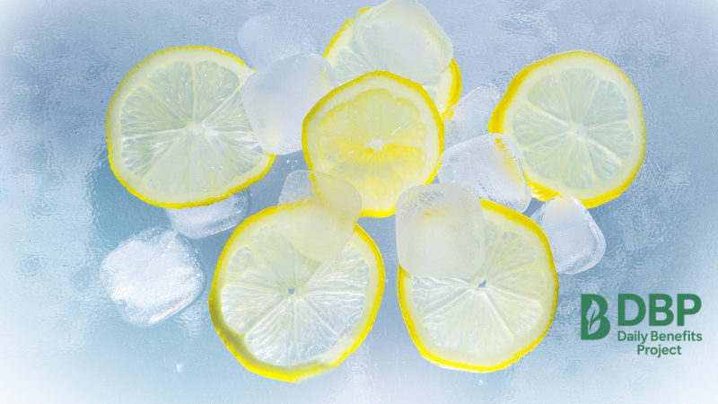 Refreshing Cold Lemon Water with Ice Lemon slices and ice cubes against a cold, frosty background
