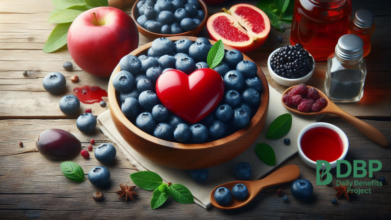 Fresh Blueberries and Heart Symbol A wooden bowl filled with blueberries surrounded by fruits, with a red heart symbol in the center