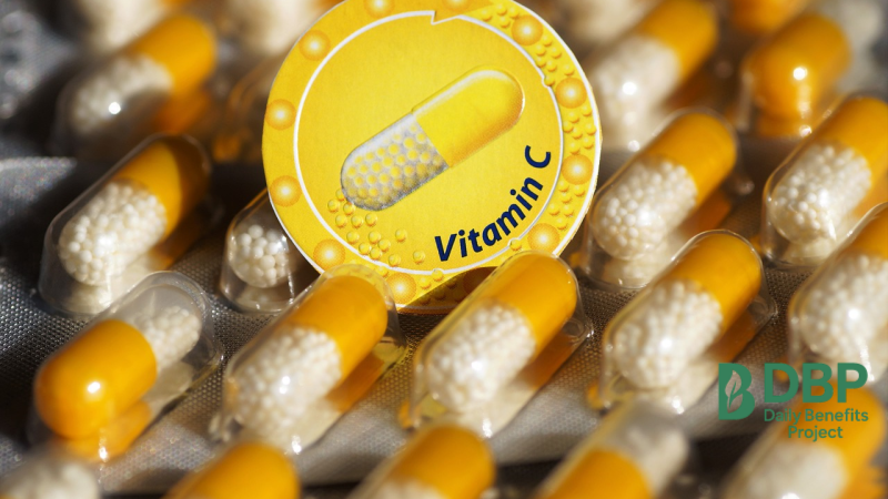 Vitamin C Capsules with Focused Label Close-up of Vitamin C capsules with a label