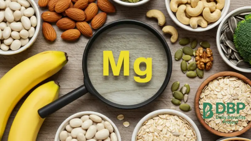 Assorted foods rich in magnesium including oats, nuts, and bananas