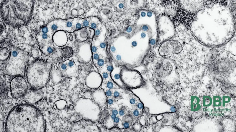 Microscopic view of gut microbiome activity Black and white image of microbiome cells with blue virus-like dots under microscope