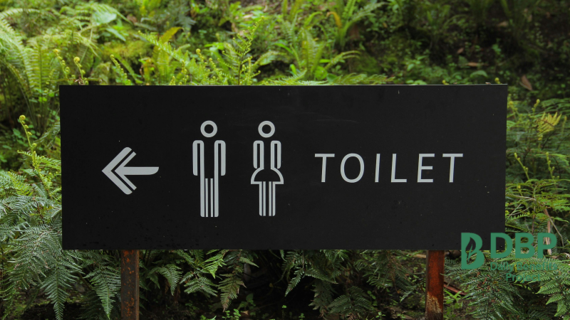 Toilet sign in a forest environment Black toilet direction sign with male and female icons in green nature