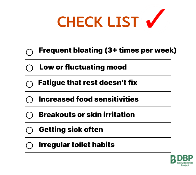 Gut Microbiome Imbalance Symptoms Checklist Checklist image showing signs of gut microbiome imbalance including bloating, mood swings, fatigue, and irregular toilet habits